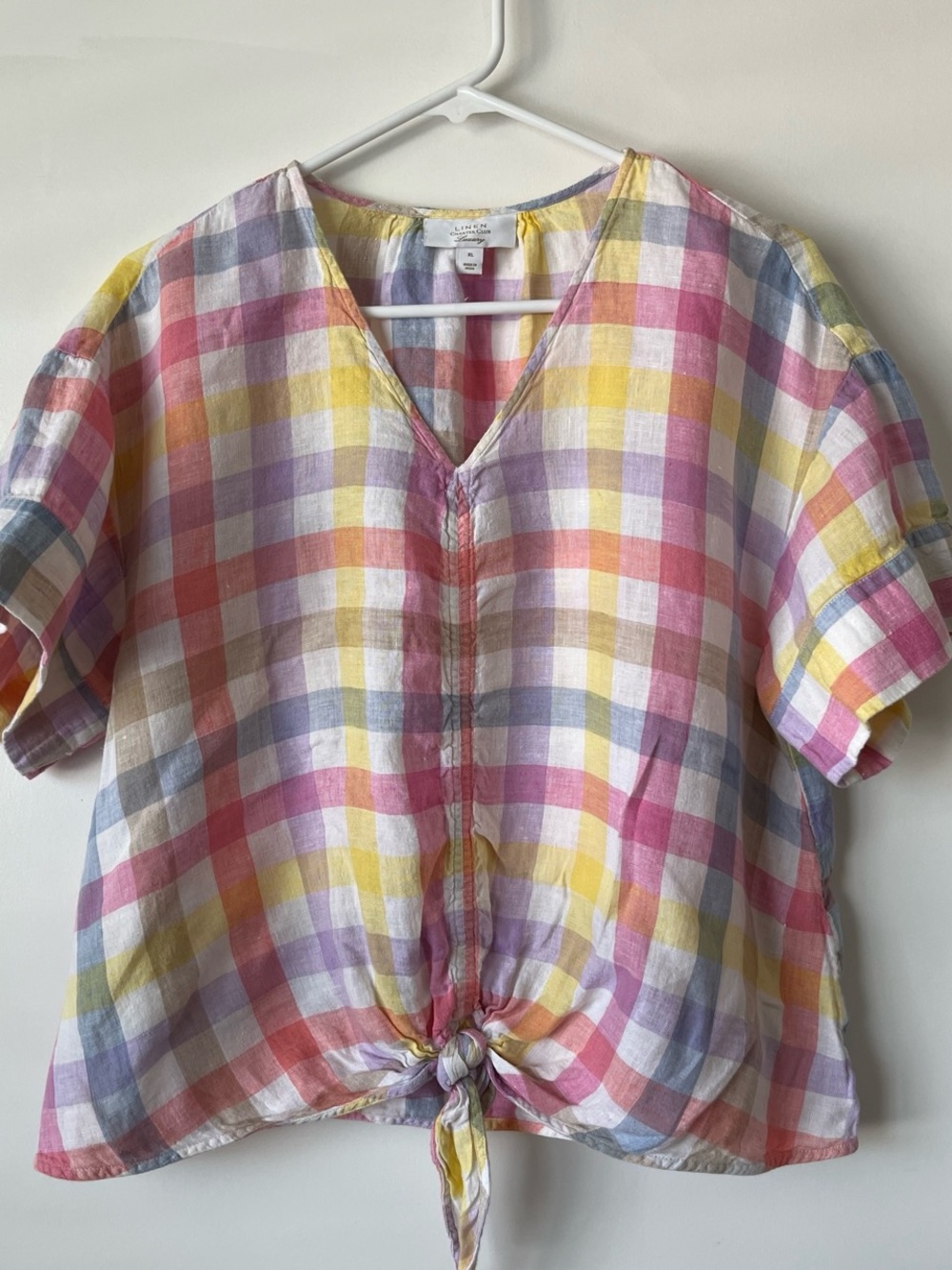 Charter Club Pastel Multicolor Gingham Tie-Front Short Sleeve Top